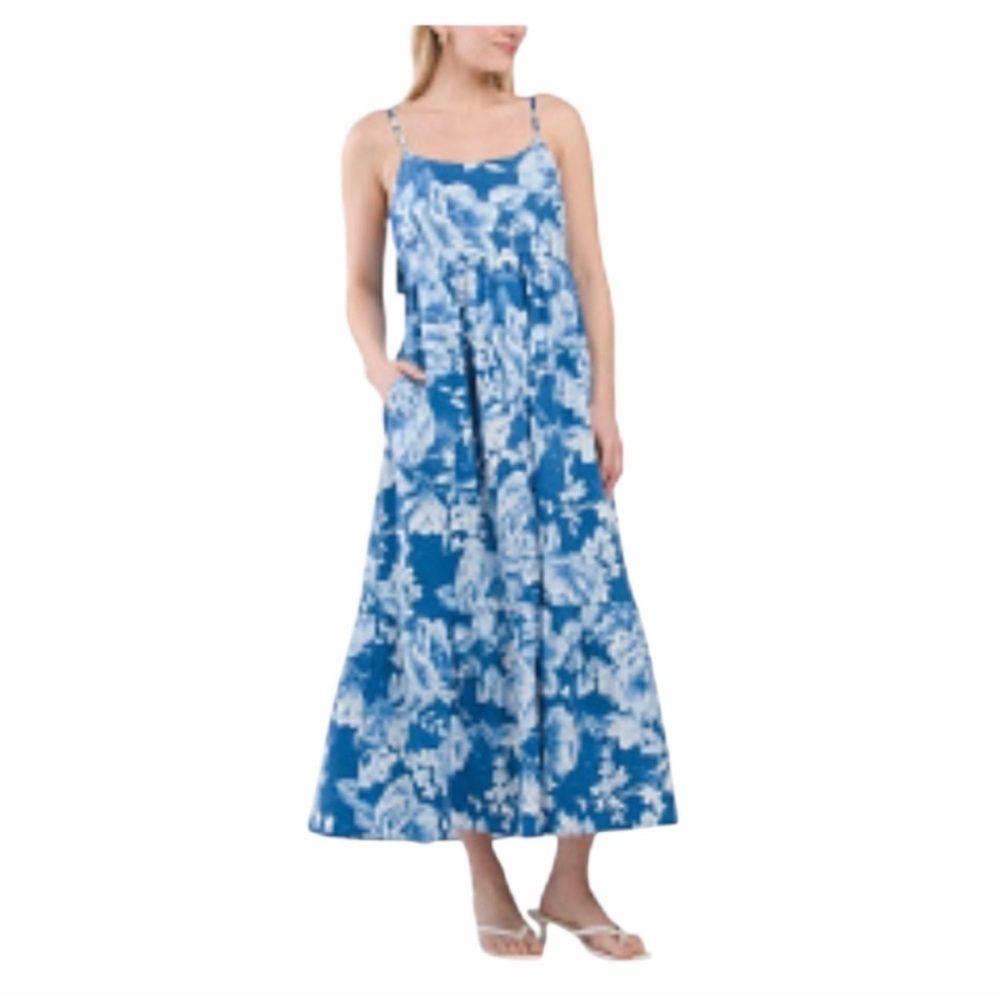 Joie Blue and White Floral Tropical Print Cotton Tie-Back Maxi Dress. Size 16.